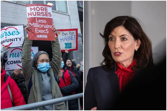 A nursing strike in New York City has Gov. Kathy Hochul (right) trying to strike a balance between labor unions and hospitals.